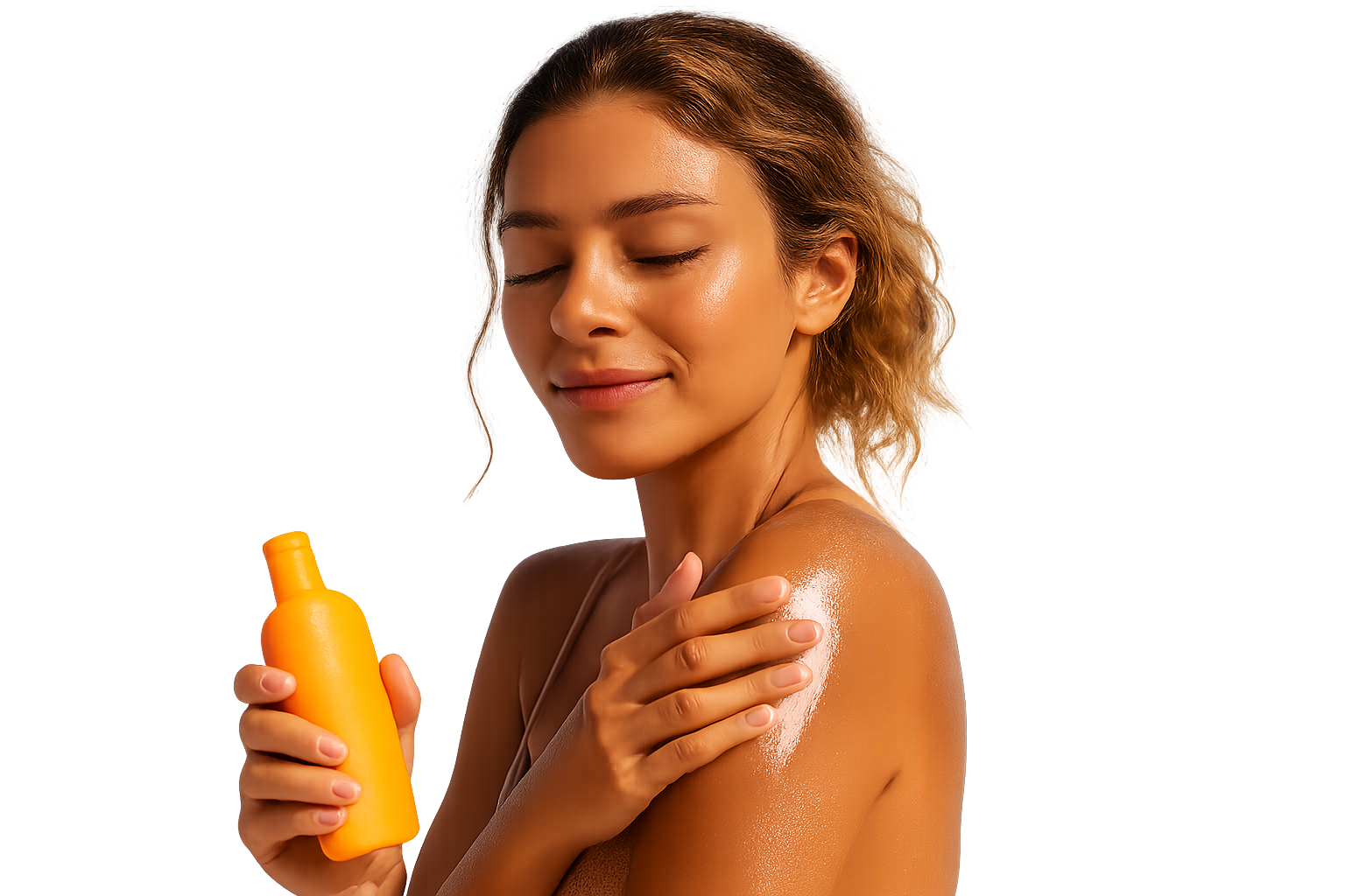 A beautiful woman applying sun care or tanning lotion on her shoulder, glowing skin under natural sunlight, relaxed beach or summer vibe, healthy tan tone, 100% photorealistic lifestyle image, isolated on transparent background, no shadows, no text, no logo, no background.