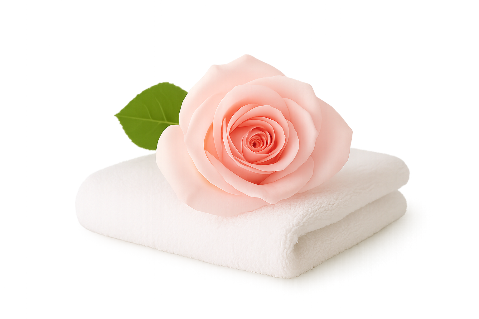 Conceptual image for intimate care, a soft pink rose symbolizing smoothness, freshness, and feminine care, placed elegantly on light fabric or towel, natural lighting, clean and minimal composition, 100% realistic photo, isolated on transparent background, no background.