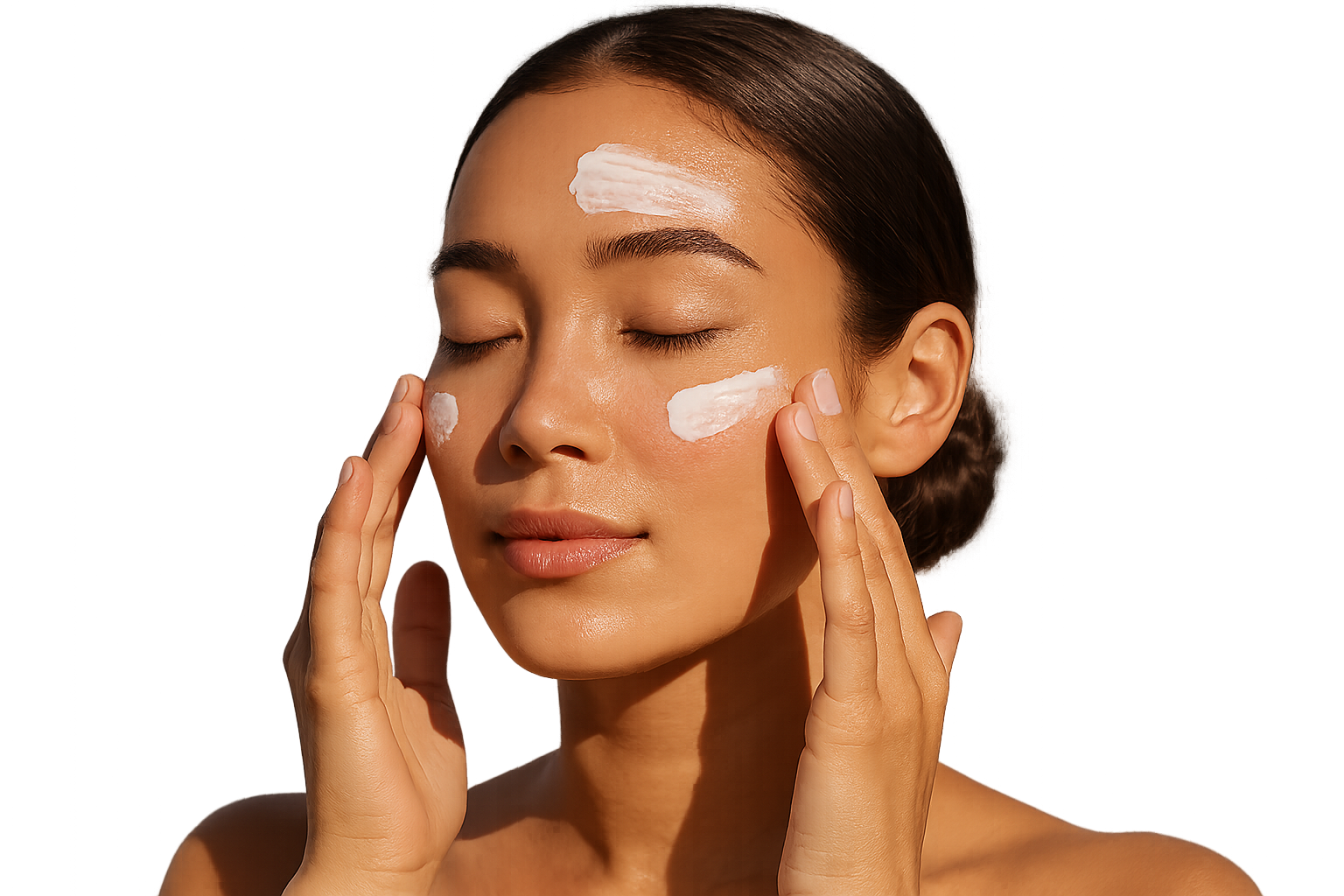 إليك برومبت بسيط ومحدد لمنتج **Face Sunscreen** بخلفية معزولة 👇

---

**Prompt:**

Woman applying face sunscreen on her cheeks or forehead, natural sunlight glow, smooth and radiant skin, realistic photo, clean and fresh skincare look, isolated on transparent background, no background.
