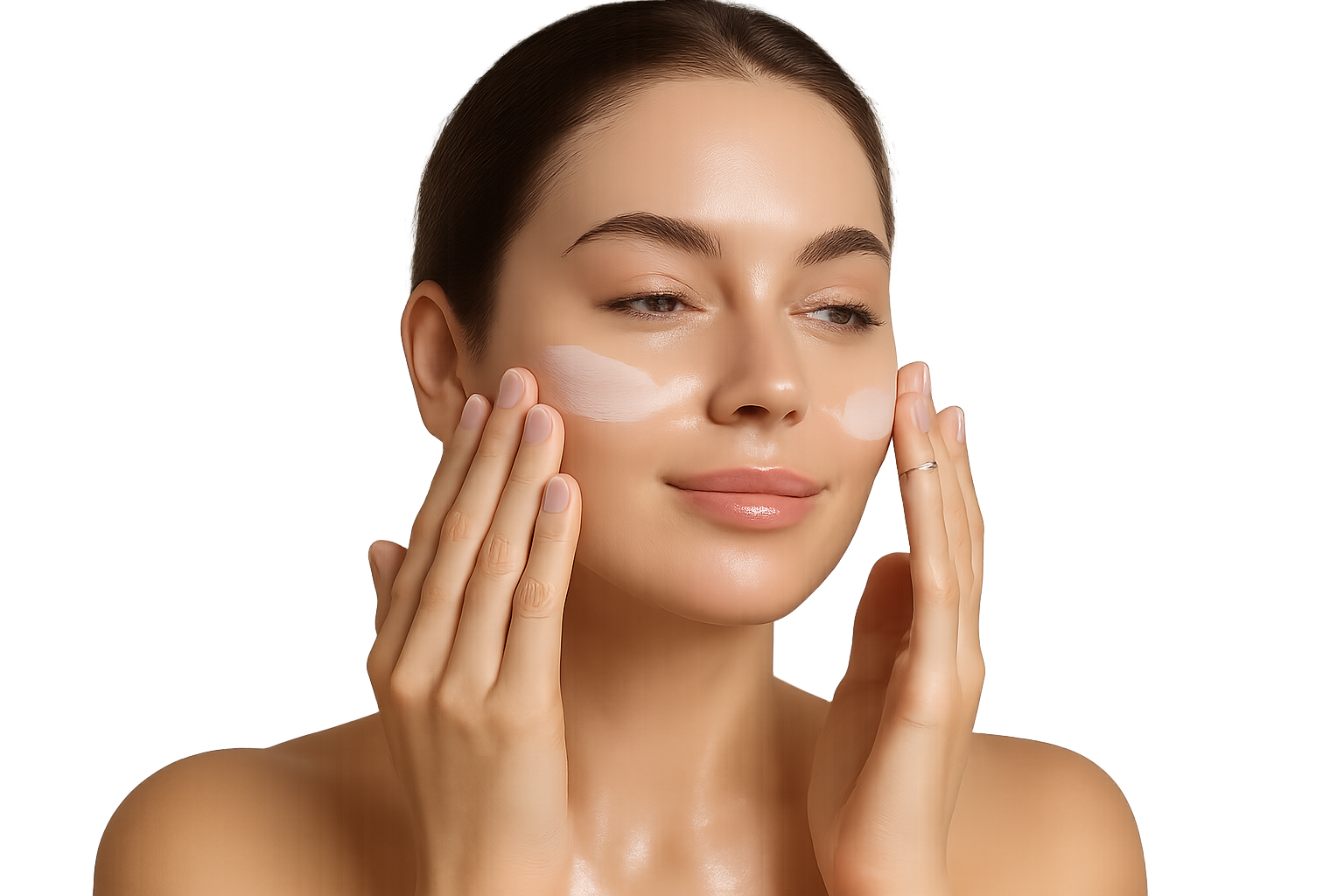 Woman applying makeup primer on her face with fingers, smooth and glowing skin, natural lighting, realistic photo, clean and fresh makeup look, isolated on transparent background, no background.