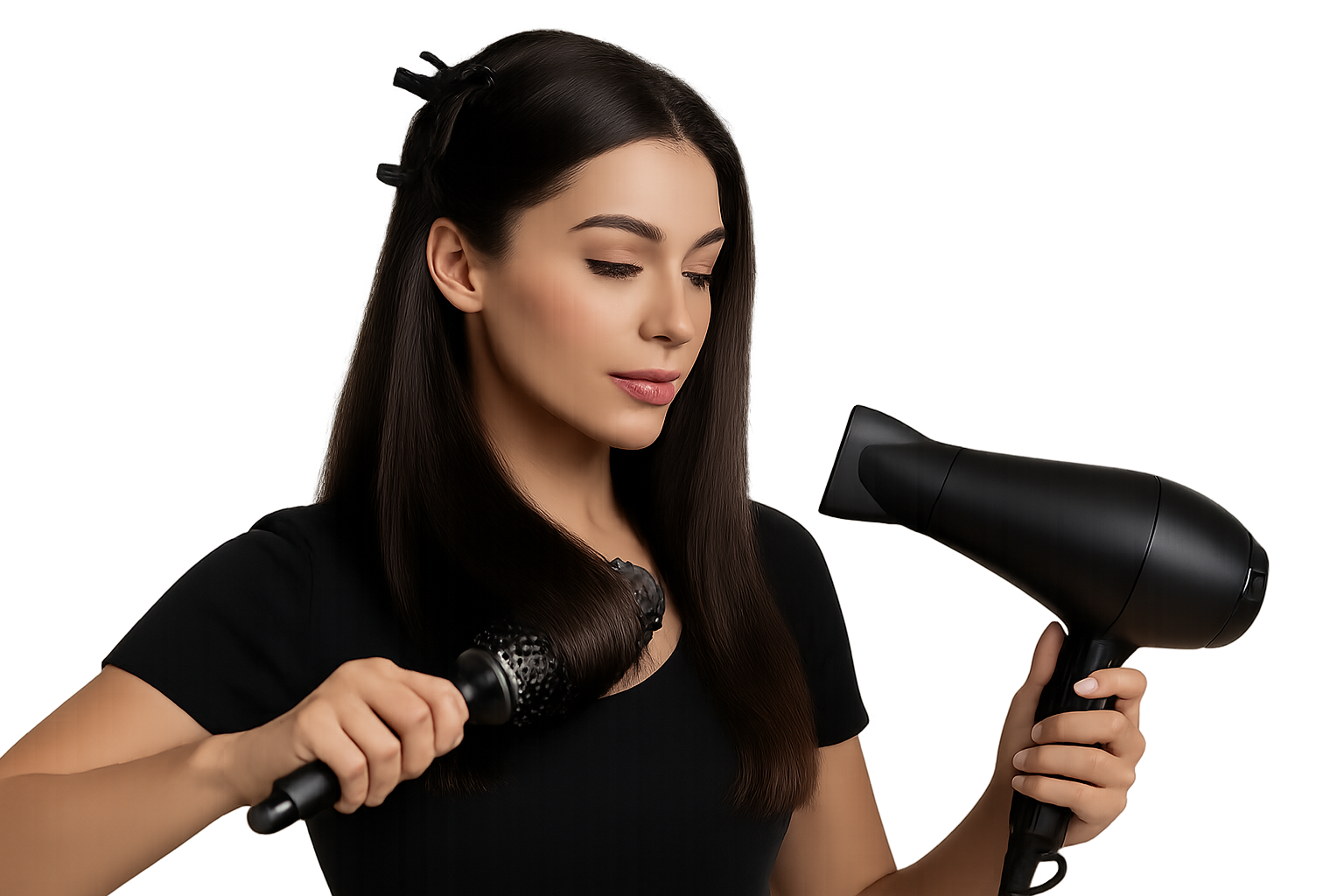 Woman styling her hair using hair tools and accessories such as brush, hair dryer, or clips, smooth and shiny hair, natural lighting, realistic photo, clean and stylish look, isolated on transparent background, no background.