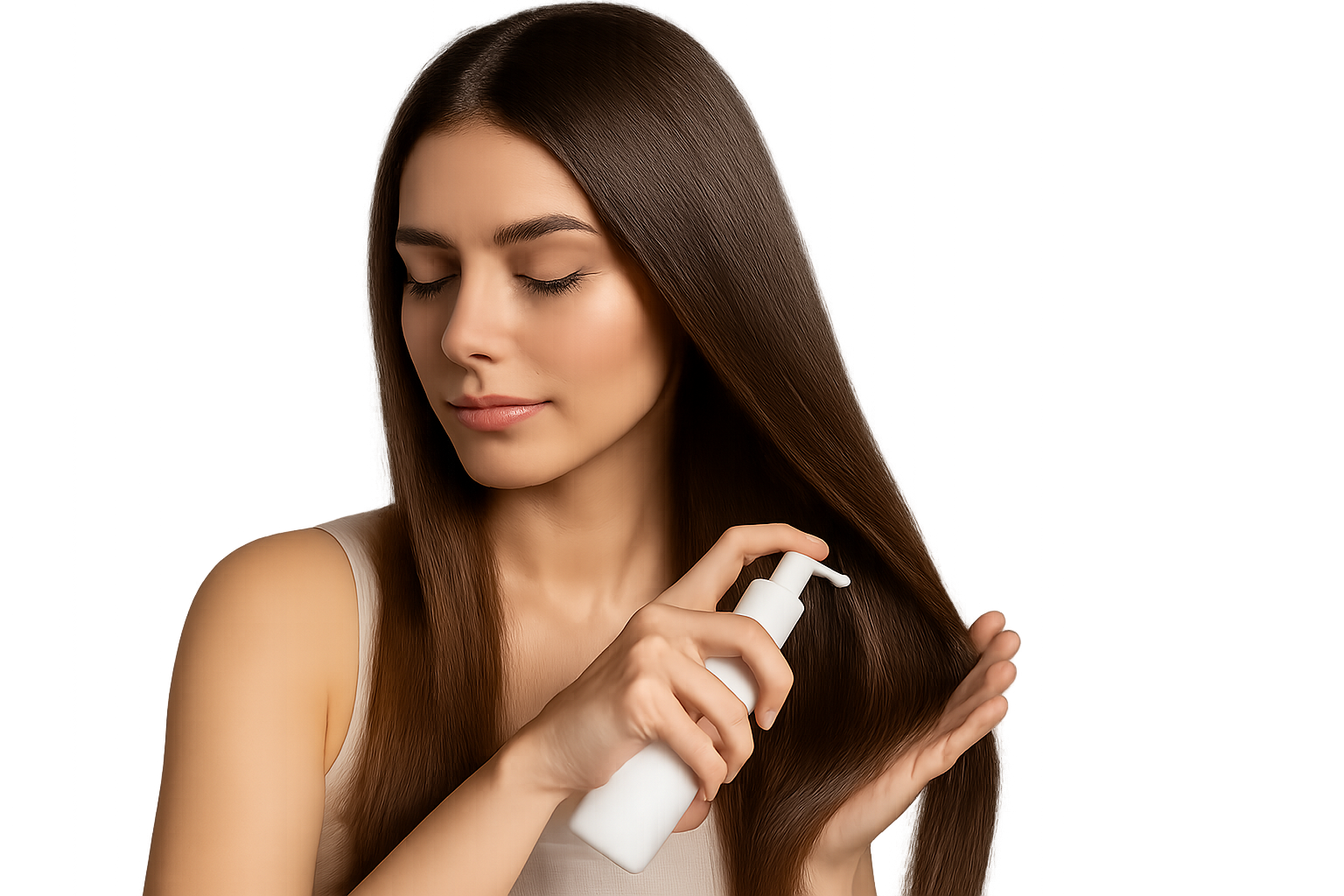 Woman styling her hair with leave-in or hair styling product, smooth and shiny hair, natural lighting, realistic photo, clean and healthy look, isolated on transparent background, no background.